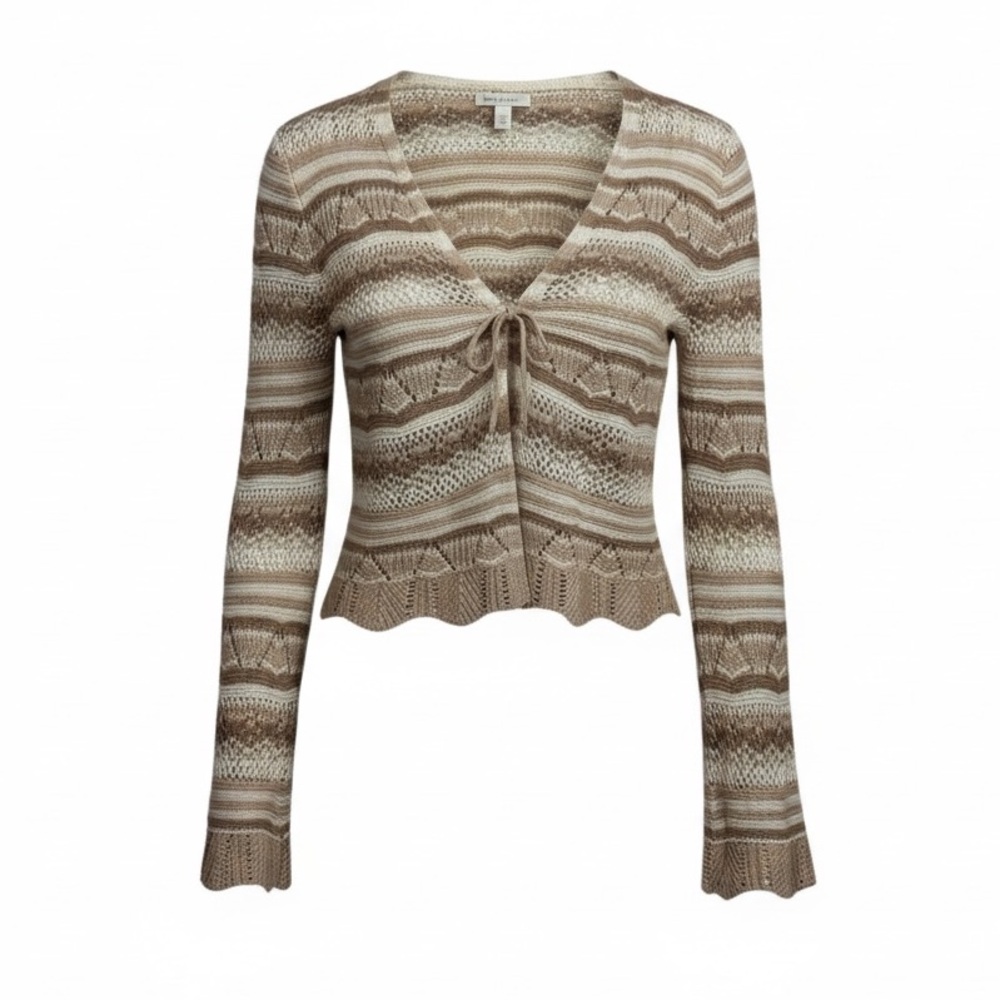 Cato Striped Knit Cardigan - Brown and Cream tie‎ front